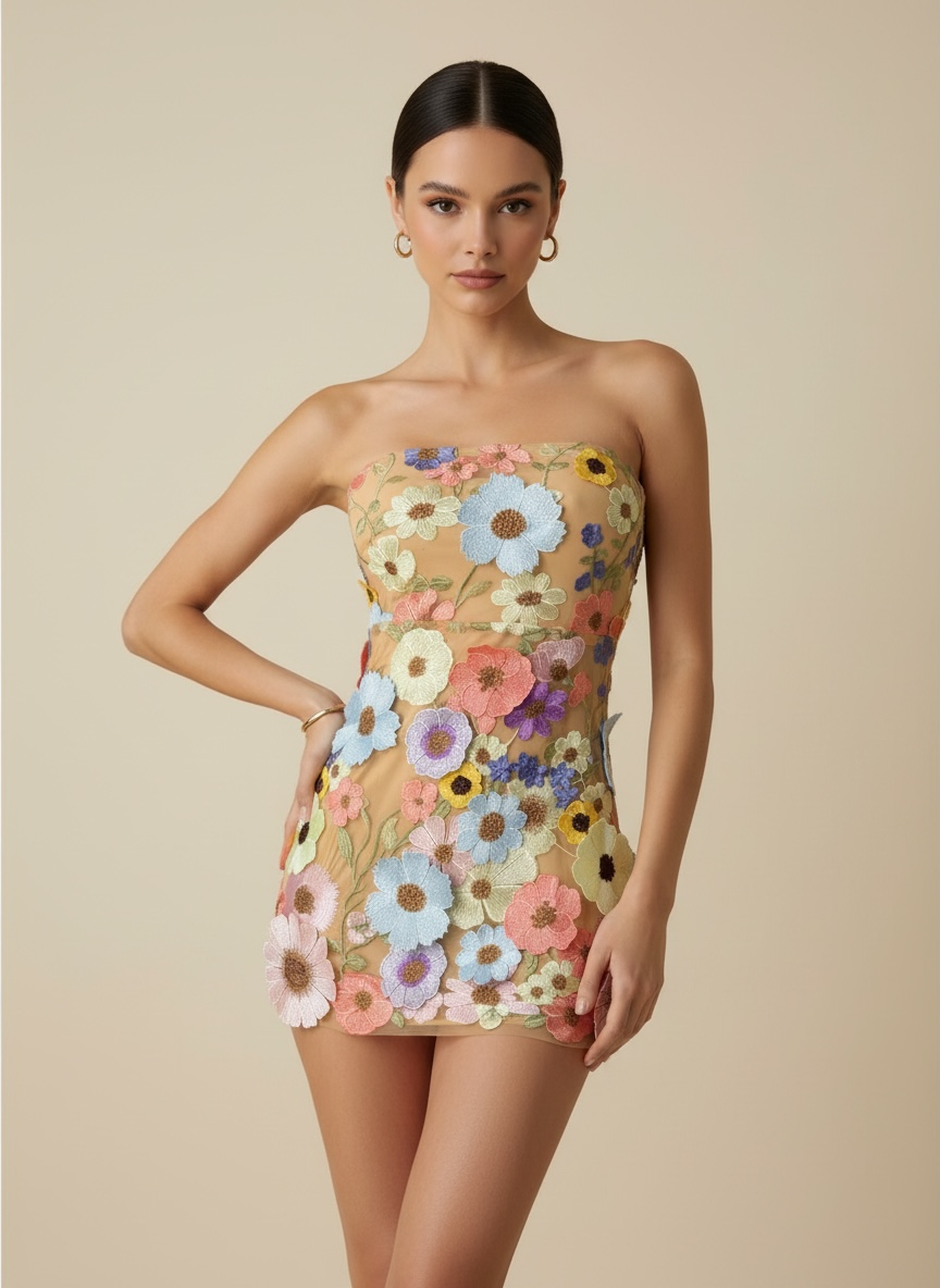 Floral Appliqué Mini Dress