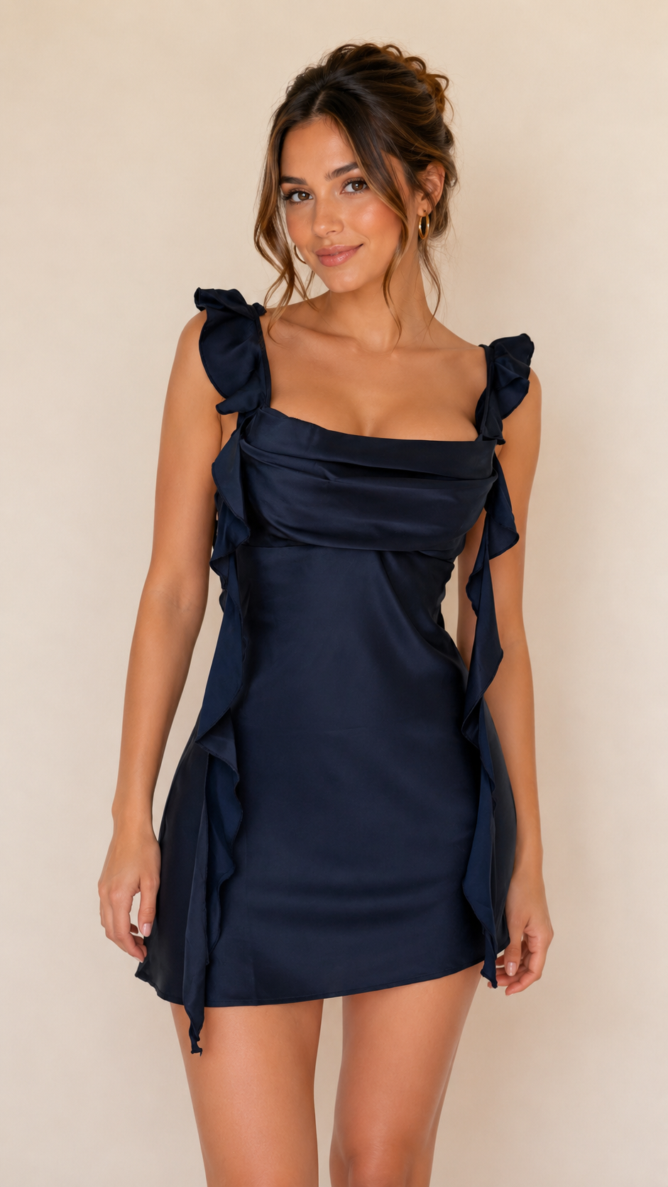 Open Back Satin Ruffle Mini Dress